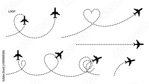 airplane flight paths depicted as dotted lines, including loops and heart shapes, illustrating travel routes and journeys