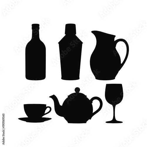 Black silhouettes of wine bottle liquor bottle jug wine glass teacup and teapot vector illustration isolated on white background.