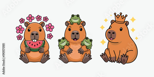 Capybaras with frogs and crown eating watermelon flowers sparkles vector illustration isolated on white background.
