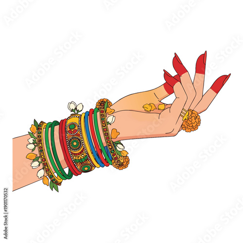 Traditional Indian woman hand with bangles and henna