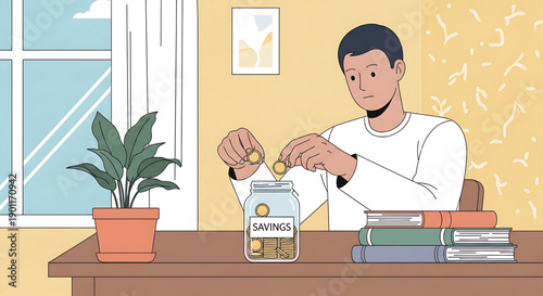 A young man is carefully placing coins into a jar labeled 'Savings' on a desk with books and a plant