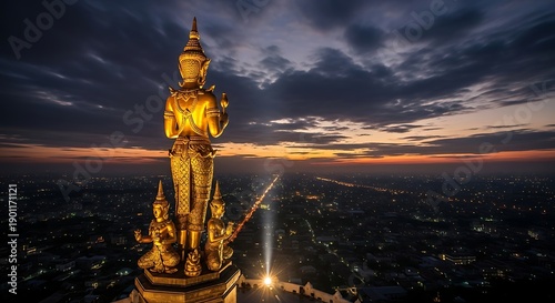 Spiritual Landmark With Buddha Figure and Light Rays