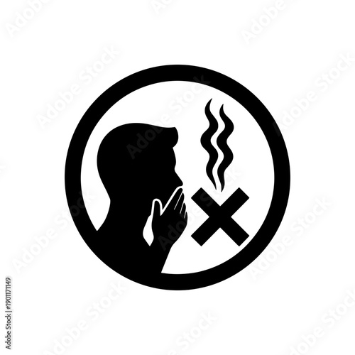 A circular black and white icon depicting a person covering their mouth from smoke or gas, indicating a warning against inhaling harmful substances, bad odors, or air pollution.