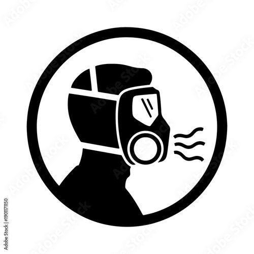 A black and white circular icon featuring a profile of a person wearing a full-face gas mask or respirator. Ideal for industrial safety signage and hazard warnings.