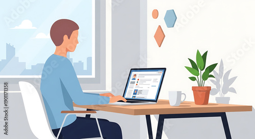 A person working on a laptop at a desk in a home office with a window overlooking a city skyline and a potted plant on the side