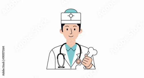 Illustration of a smiling healthcare worker wearing a white coat and stethoscope with a friendly expression representing medical