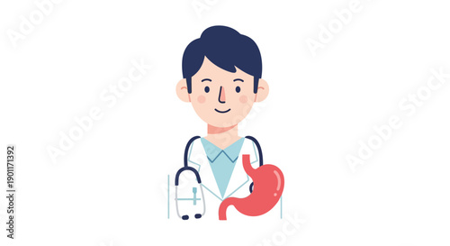 Friendly cartoon doctor holding a stethoscope and stomach graphic illustrating healthcare and medical consultation with cheerful
