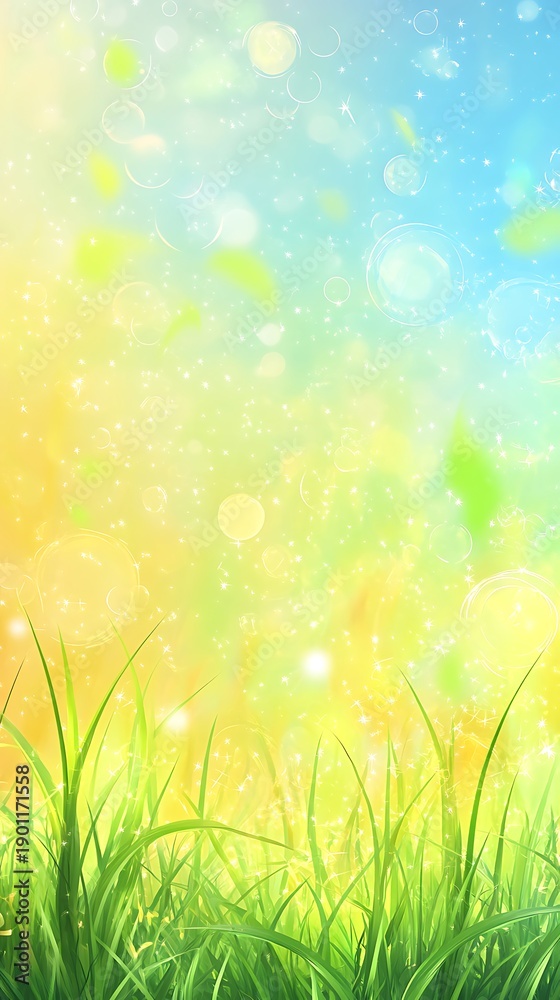 Fototapeta premium Lively green grass field merges into a yellow and blue dreamy bubble background