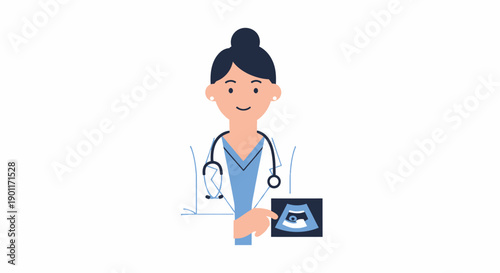 Illustration of a healthcare professional holding an ultrasound image in a clinical setting for medical diagnosis