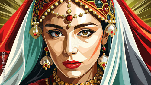 Very beautiful close-up portrait of an Algerian bride wearing a traditional veil and ornate jewelry, expressing cultural elegance, feminine beauty, and rich wedding heritage of Algeria.