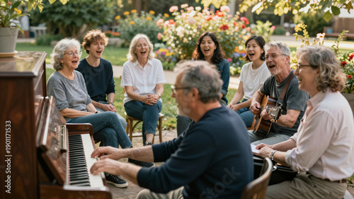 Group Singing Around An Outdoor Piano