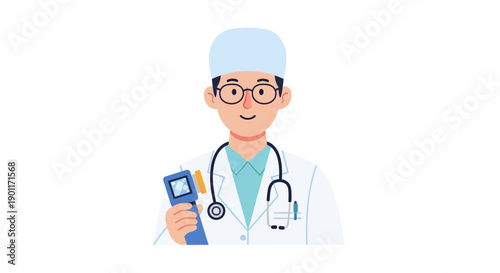 illustration of a friendly young male doctor in medical attire holding a glucometer and smiling promoting healthcare and