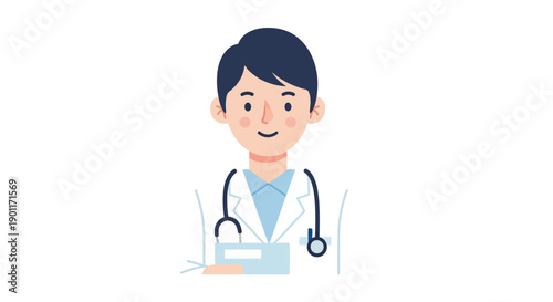 illustration of a friendly male doctor with dark hair and stethoscope representing healthcare professional in a minimalistic style