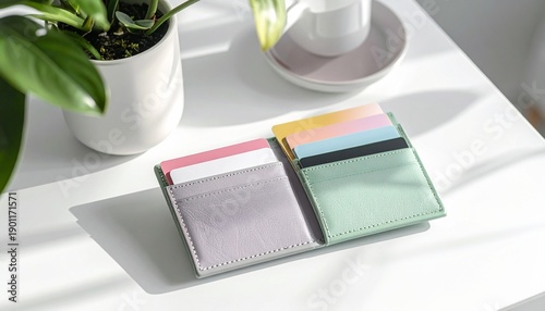 A pastel wallet with cards on a table near a potted plant and a cup on a saucer