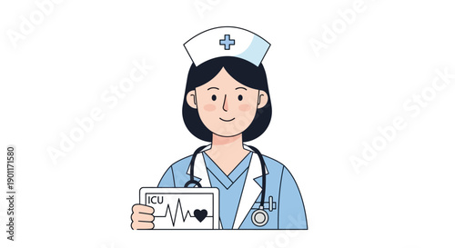 Illustration of a caring healthcare professional wearing a nurse's uniform with medical tools and ECG monitor in a flat style