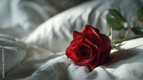 A single, perfect red rose lying on a pillow next to a sleeping person, a quiet morning surprise, 8k, realistic, full ultra HD, high resolution, cinematic photography