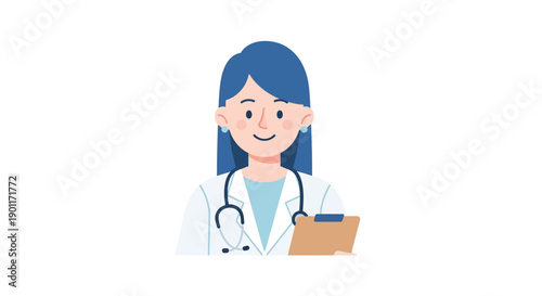 Friendly female doctor with blue hair smiling while reviewing medical records on a clipboard in a clean clinical setting with a