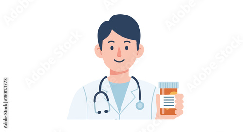 illustration of a cheerful male doctor holding prescription medication bottle in a friendly medical setting