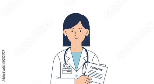 illustration of a healthcare professional holding a consent form featuring a friendly female doctor in a minimalistic style