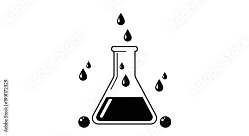 Conical Flask with Liquid, Falling Drops, and Bubbles, Chemical Reaction Icon on Isolated White Background