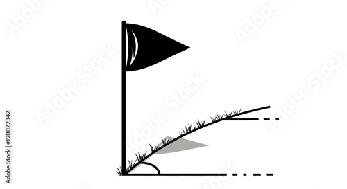Black Flag on Pole Marking Goal or Target on Hillside, Outdoor Concept Icon on Isolated White Background
