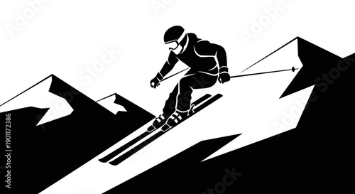 Dynamic Skier Descending Mountain Slopes in Winter Landscape