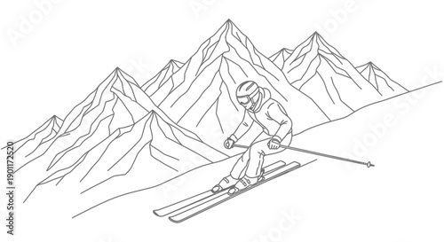 Adventurous Skier Skiing Down Mountain Slope, Winter Sports and Alpine Landscape.