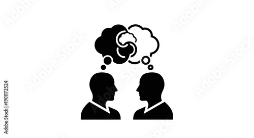 Two Silhouettes of People Discussing Ideas with Thought Bubbles, Brainstorming and Problem Solving Concept, isolated white background.