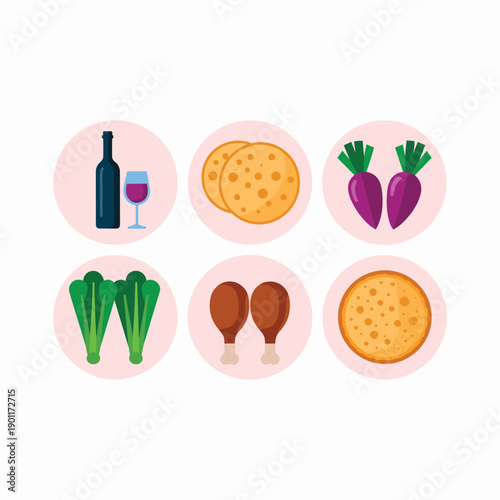 Flat food and drink including wine bottle glass cheese beets broccoli chicken and crackers wine glass vector illustration isolated on white background.