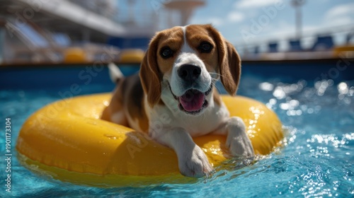 Beagle relaxing in donut shaped pool float on sunny day