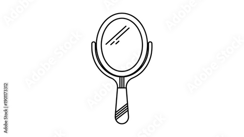 Simple outline drawing of a classic handheld mirror, representing beauty, reflection, and personal care.