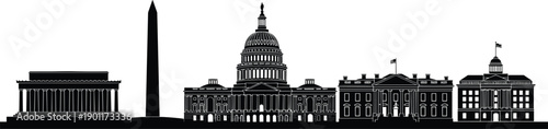  Washington DC landmarks skyline silhouette illustration, iconic United States government buildings with Capitol, White House, and monuments, minimal black vector cityscape design