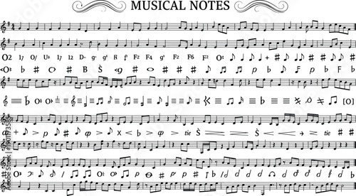  Musical notes sheet illustration, detailed staff notation with symbols and clefs, vintage classical music manuscript background vector for education, composition, performance, and design use