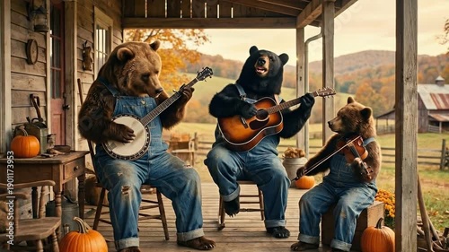 Three anthropomorphic bears playing musical instruments on a rustic porch during autumn.