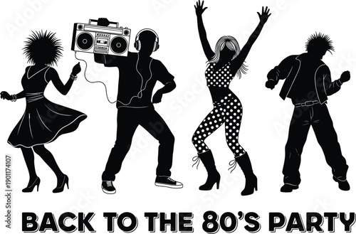  Back to the 80s party silhouette illustration, retro dancers with boombox and headphones, disco music celebration, vintage nightlife theme, black and white vector