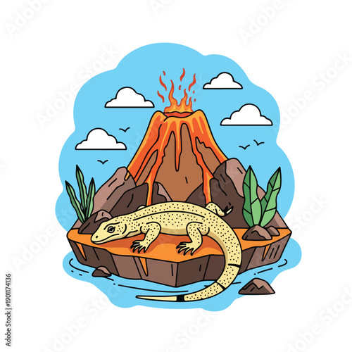 Cartoon Lizard Resting on Rock Near Volcano.