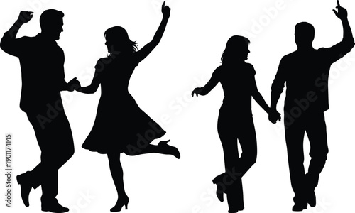  Couple dancing silhouette illustration, romantic partners holding hands and celebrating together, love relationship concept, social dance pose, black and white vector artwork
