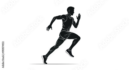 Silhouette of a male athlete in full stride, showcasing muscular definition and dynamic movement during a sprint.