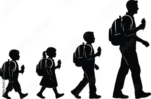 School life progression silhouette illustration, children growing into adulthood walking with backpacks, education journey concept, childhood development stages, black and white vector design