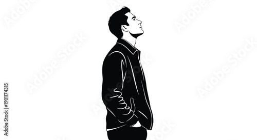 A black and white illustration of a young man in a jacket looking upwards with his hands in his pockets.