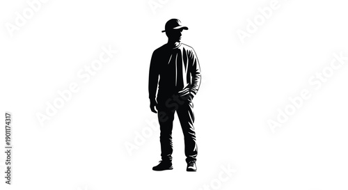 Silhouette of a man wearing a hat and casual clothing, standing with one hand in his pocket against a white background.