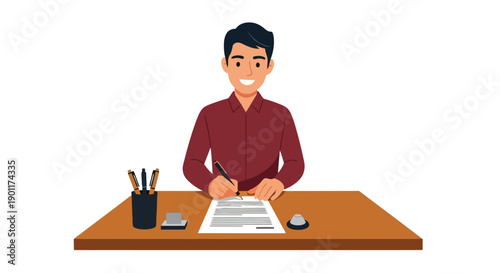 A smiling young man in a maroon shirt sits at a wooden desk, diligently signing a document with a pen, with a pen holder and ink pads on the desk.