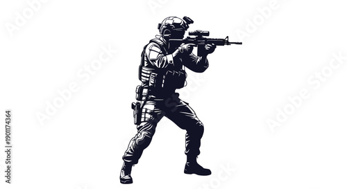 A silhouette of a soldier in tactical gear aiming a rifle with a scope, depicted in a dark, high-contrast style against a white background.