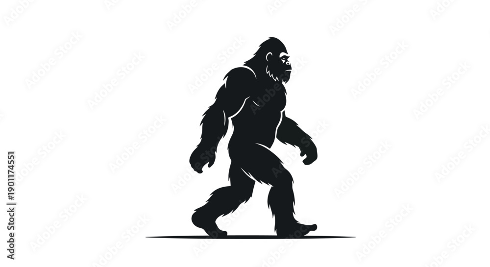 Obraz premium Silhouette of a Bigfoot or Sasquatch creature walking with a determined stride against a white background, showcasing its muscular build and ape-like features.