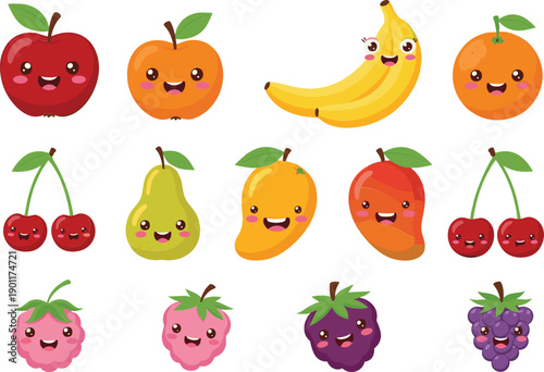 Vector illustration set of cute cartoon fruit characters with happy smiling faces including apple, banana, mango, and berriesVector illustration set of cute cartoon fruit characters with happy smiling
