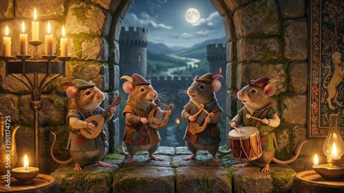 Enchanting Mouse Minstrels Performing in a Medieval Castle Archway at Night.