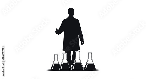 Silhouette of a scientist standing among laboratory flasks, representing scientific research and discovery.