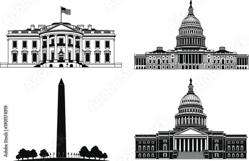  United States government landmarks illustration set, White House Capitol Building and Washington Monument silhouettes