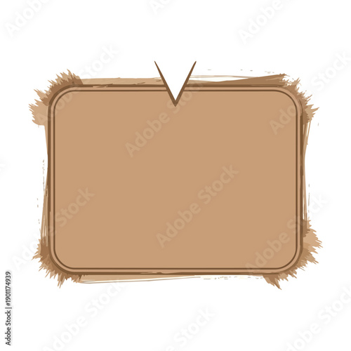 Rustic brown distressed rectangular frame with rounded corners and textured brush stroke edges featuring a subtle v shaped notch at the top center isolated on a clean white