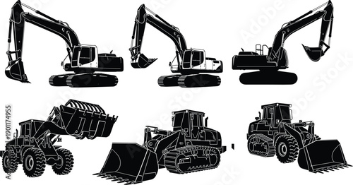 Black silhouette collection of heavy construction machinery featuring hydraulic excavators wheel loaders and industrial crawler tractors for civil engineering projects